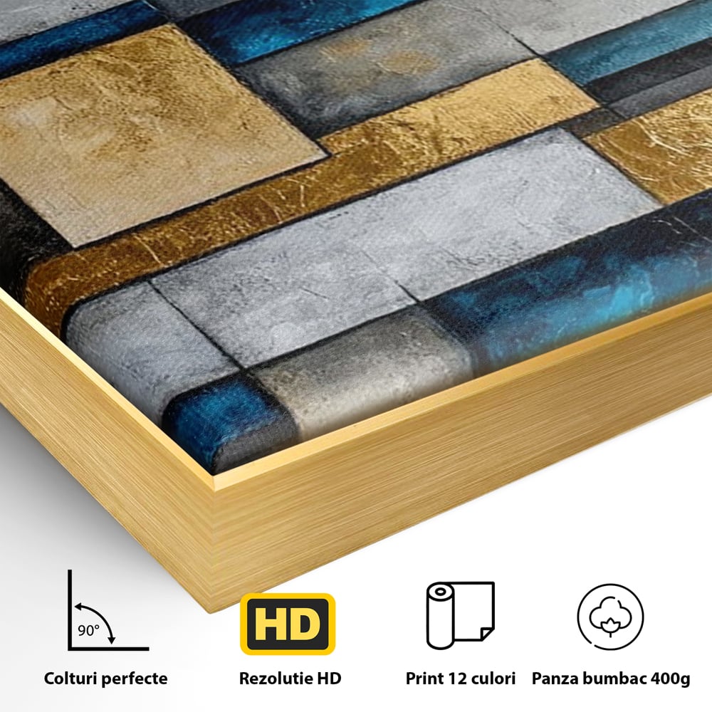 Detaliu al suprafetei: pictura abstracta cu forme geometrice aurii, in rama de aluminiu auriu